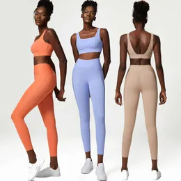 Lu -Set Jumpsuit Ausrichten von Zitronen 2 Stück Fiess Yoga Set Frauen Feste Farbe dehnbarer Sportanzug Fitnessstudio BH Taille Leggings weiblich atmungsable W.