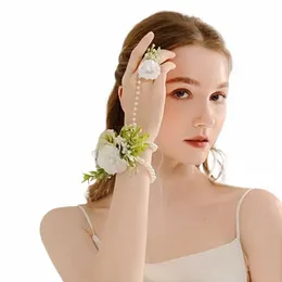 Elegante Fake Pearl Wrist Corsage Artificial Rose Rose Bridesmaid Sisters Bracelet Hand Frs Decor de festa Casamento Accortos de noiva T72V#