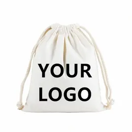 Großhandel 100pcs/Lot Custom Logo Printed Natural Cott Draw String Beutel Geschenkpaket Taschen Durchsichern Sie Texte einfacher Speicherbeutel p2i6##