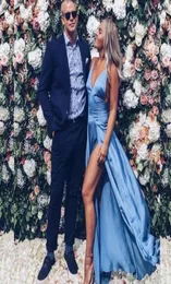 Light Sky Blue Prom -klänning med delad sexig attraktiv aline Vneck Backless Celebrity Party Dresses Fashion Floor Length 2018 Prom6550873