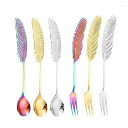 Spoons Feather 304 Stainless Steel Dessert Cocktail Coffee Mixing Stirring Ice Cream Honey Tea Small Spoon Scoop Fruit Fork Set