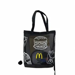 novelty Hamburger Food Peripheral Mesh Tote Foldable Beach Bag Lightweight Shopper Portable Fi Stylish Grocery Bag Black H9Md#