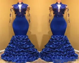 Royal Blue Black Girls Mermaid aftonklänningar Långa ärmar Lace Applique Keyhole Neck Prom Dresses 3D Rose Flowers Pageant Gowns3847857