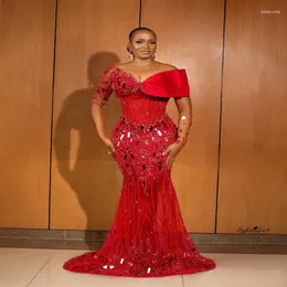 Partykleider ASO EBI rot Abschlussball Wunderschöner schulter perlener langen Ärmeln Plus Size Abendkleider aufblicken durch Meerjungfrau Kleid