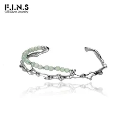 FINS Kinesisk stil Bambu -serie S925 Sterling Silver Armband Green Aventurine Jade Stone Bead Handmased Open Bangle Jewelry 240416