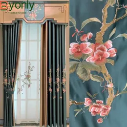 Curtain Chinese Dark Green Embroidered Window Screen With Glossy Splicing Blackout Curtains For Living Room Bedroom Floor To Ceiling