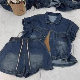 Kvinnors spårdräkter denim två stycken uppsättningar kvinnor kläder Roupas femme rufsar korta ärm skjortor höga midja breda benbyxor passar avslappnad chic