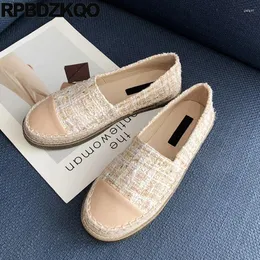 Casual Shoes Checkered Round Toe Slip On Straw Loafers Rope Designer Spring Tweed Famous Women Espadrilles Plaid Flats Celebrity