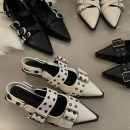 2023 Spring New Korean Edition Shallow Mouth Square Heel Womens with Belt Buckle Small Design Pointed Rivet Single Shoes