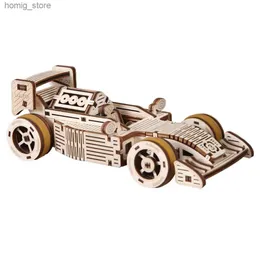 3D Puzzles Wooden F1 Cars Race Mechanical Puzzle 3D Montar o motor de borracha do construtor de edifícios Movimentável para fórmula adolescente DIY 1 Y240415