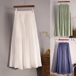 Vintage Solid Pleated Long Skirts Cotton Linen Maxi Skirt for Women Summer Elastic Waist Girls Boho Beach ALine 240411