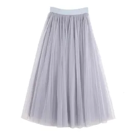 Vintage Tulle Skirt Women Elastic High Waist 3 Layers Aline Pleated Mesh Long Bride Tutu Skirts Female Jupe Longue 240416