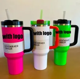 Electric Neon White Black Pink Yellow Green Red Quencher H2.0 Tumblers 40 oz koppar med handtag lock och halmbilmuggar med 1: 1 logotypchokladguld 40oz vattenflaskor GG0416