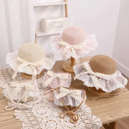 Geniş Memlu Şapkalar Bebek kızlar hasır şapka ve omuz çantası seti yaz moda plaj kova kapağı ebeveyn-çocuk tatil güneşi