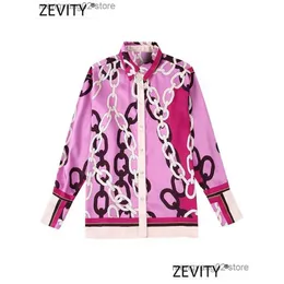 Women'S Blouses Shirts Womens Zevity Women Vintage Chain Print Color Matching Casual Satin Shirt Office Lady Split Smock Blouse Ro Dhiqb