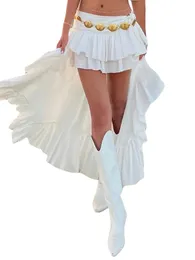 Women S White Boho تنورة مرنة الفرقة الخصر متدفق غير منتظم الكشكش غير متناظرة MIDI 240416