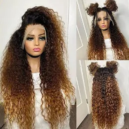 Peruanische glühlose 200ddes volle spitzen vordere menschliche haarperücken für Frauen vorgezogen Ombre Kinky Curly Blonde Spitze Frontalperücken synthetisch