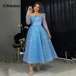 Sukienki imprezowe Glimmer Bling a Line Prom Long Rleeves Scoop cekinki tiul plisat zamek błyskawiczny Drop vestidos de festa dostosowany