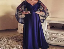 2020 Elegant Blue A Line Appliques Mother of the Bride Dresses Cape Vestido de Renda Groom Mother Suits Plus Size1432921