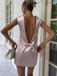 Taruxy Satin Casual Mini for Women Sexy Backless Bow Rous