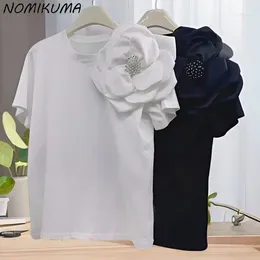 Frauen T-Shirts Nomikuma 2024 Frühling/Sommer 3D Blumenperle kurzärmeliges T-Shirt für koreanische runde Halsoberteil