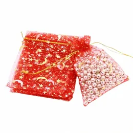 2023 NOVAS 100PIECES MO STARS Organza de cordão de tração Presente bolsas de doces de cordão de empate para Halen Christmas Bags de casamento 95pl#