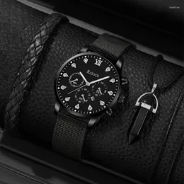 Начатые часы 3PCS SET модные мужские календаря смотрят мужчины Деловое повседневное ожерелье для веревки рук Черное нейлоновое ремешок Quartz Watch Relogio Masculino