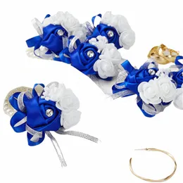 Uppsättning av 6 Royal Blue Pink Wrist Corsages FR för Wedding Prom Bridal Bridesmaid Girl Mother Women Rose Armband Hand FRS 90LP#