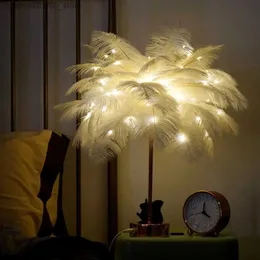 Lamps Shades Feather table lamp LED night light bedroom girl heart-shaped bedside lamp modern wedding decoration small lantern holiday gift Q240416