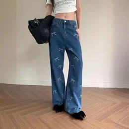 Kakamee Dreizehn Reihen Frühling/Sommer Neue koreanische Style Trendy Bow Print Jeans vielseitige Gerade -Beinjeans