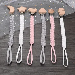 Simple Crochet Cotton Cloth Baby Pacifier Chain Moon Heart Beech Wood Clip For Handmade Nipple Soother Teething Toy 240409