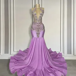 Sparkly Lilac Purple Rhinestones Long Prom Dress for Black Girl Sexy Mermaid Style Formal Party Gowns with Train 240416