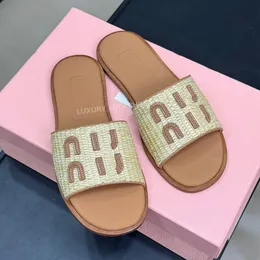 Summer Lympia Summer Lympia Slides Women's Raffia Weave Slipper Loogo Sandaler Flat Beach Shoes Luxury Designer Slides For Womens Vacation Flat Shoes With Box35-42