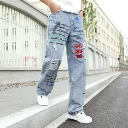 Herren Y2K Baggy Jeans Hip Hop Ripped Hosen Harem Cartoon Loose Graffiti Druck Denim Casual Hosen Fracht für Männer 240415