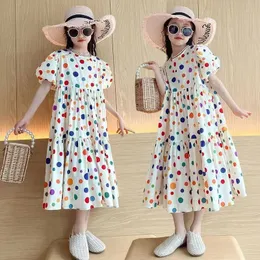 Мод Лето Девушки платье 2024 Dot Beach Long Dress для девочки Bohemia Children Princess Loose Dress Costume Teen 8 10 12 14 Y 240416