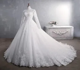 Real Po Princess Luxury Lace Wedding Dresses High Collar Longeple Appliced ​​Celebrity Ball Gown Brudklänningar Muslim Vestido4912992