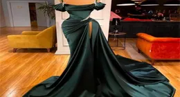 Сексуальные плюс размер темно -зеленый атласная русалка выпускная платья для спагетти складки складки складки поезда поезда формальный вечерний вечерний конкурс G7361055