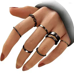 Klusterringar mode kvinnor ring set punk cool anillos vintage enkel svart kedja joint set tillbehör smycken gåvor fest