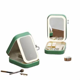 Caixa de armazenamento de maquiagem com espelho de luz leve PU LED PU Cosmetics Bag Touch Light Jewelry Organizer com 3 Brightn Y5WF ajustável#