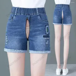 Shorts femininos invisíveis virtão aberta elástica elástica reta de perna alta jeans de jeans lisada slim slit A-line calças