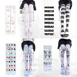 Sexy Socken Mode 3D -Druck Lolita jk süßes Mädchen über den Kniestrümpfen Verband Alice Stripe Japanische Lange Tube Harajuku Oberschenkelstrümpfe 240416