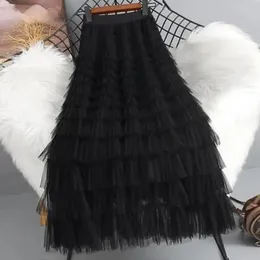 Tutu Cake Skirts 여성 우아한 계단식 주름 장식 라인 긴 여성 캐주얼 탄성 허리 파티 레이스 스커트 240416