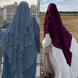 2024 MUSLIM KHIMAR TRE LAYER RUFFLES HIJABS DUBAI Turkiet Arabiska kvinnor Turban Islamiska huvudbonadskrafer Bönplagg240403