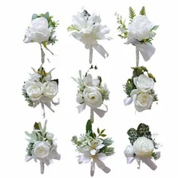 white Artifical Boutnieres Fr Wrist Corsage accoires mariage Men Brooch Brides Bracelet butthole Decor R7MB#