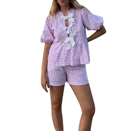 Kvinnors spårningsdräkter kvinnor shorts set streetwear outfits estetiska randiga kortärmade bindningsskjorta med elastisk midje sommardräkt 2st