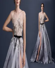 ロマンチックな薄いアップリケスパンコールブリンガンイブニングドレス2015クルーホローラインフロアレングスサイドスプリット縛られたサッシュボウパープルEVE6256173
