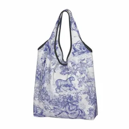 Toile de Jouy Navy Blue Motif Pattern 식료품 점 가방 가방 동물 숲 꽃 예술 어깨 쇼핑객 가방 큰 핸드백 Y0TK#