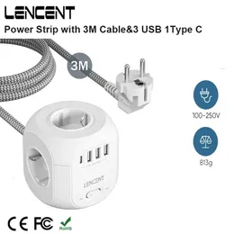 Lencent EU Stecker Stromstreifen Würfel mit 4 Wechselstromauslass 3 USB -Anschluss 1 Typ C geflochtenes Kabel -Multi -Socketr mit Schalter für Start 240415