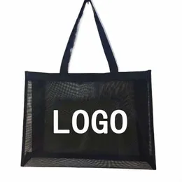 customized logo nyl shop bag, transparent large capacity shoulder bag, breathable beach travel storage, daily neci u9xL#