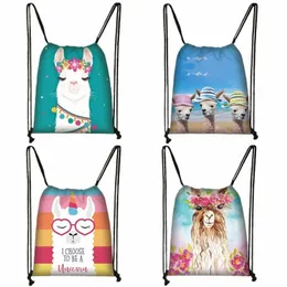 Lustige Alpaka -Kordel Bag Softback Lama Rucksack Frauen Reisen Taschen Jungen Mädchen Leinwand Aufbewahrungstasche Kinder Büchertasche Größe 35x55cm G9WZ#